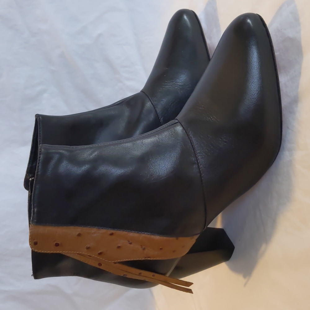 Rebecca Minkoff Black and Tan Ostrich Pull Ankle Boots, 9.5